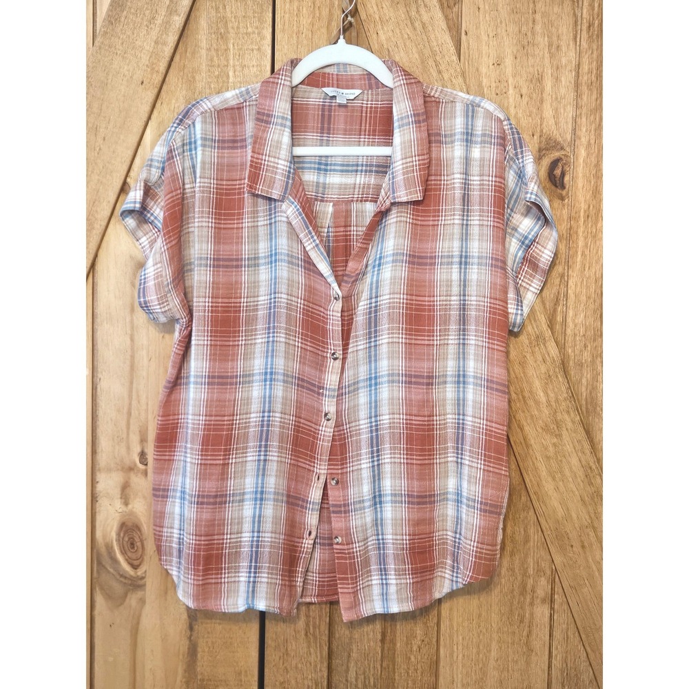Lucky Brand Tartan Collared Button Up Top Sz M Brown Short Sleeve‎ Granola #764